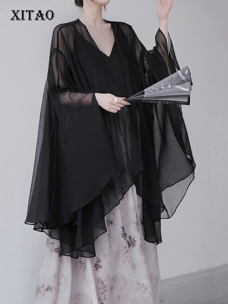 

XITAO Black Perspective Irregular Thin Women Shirt Elegant Thin Cardigan Top 2023 Summer New Long Sleeve Flare Sleeve HQQ1004