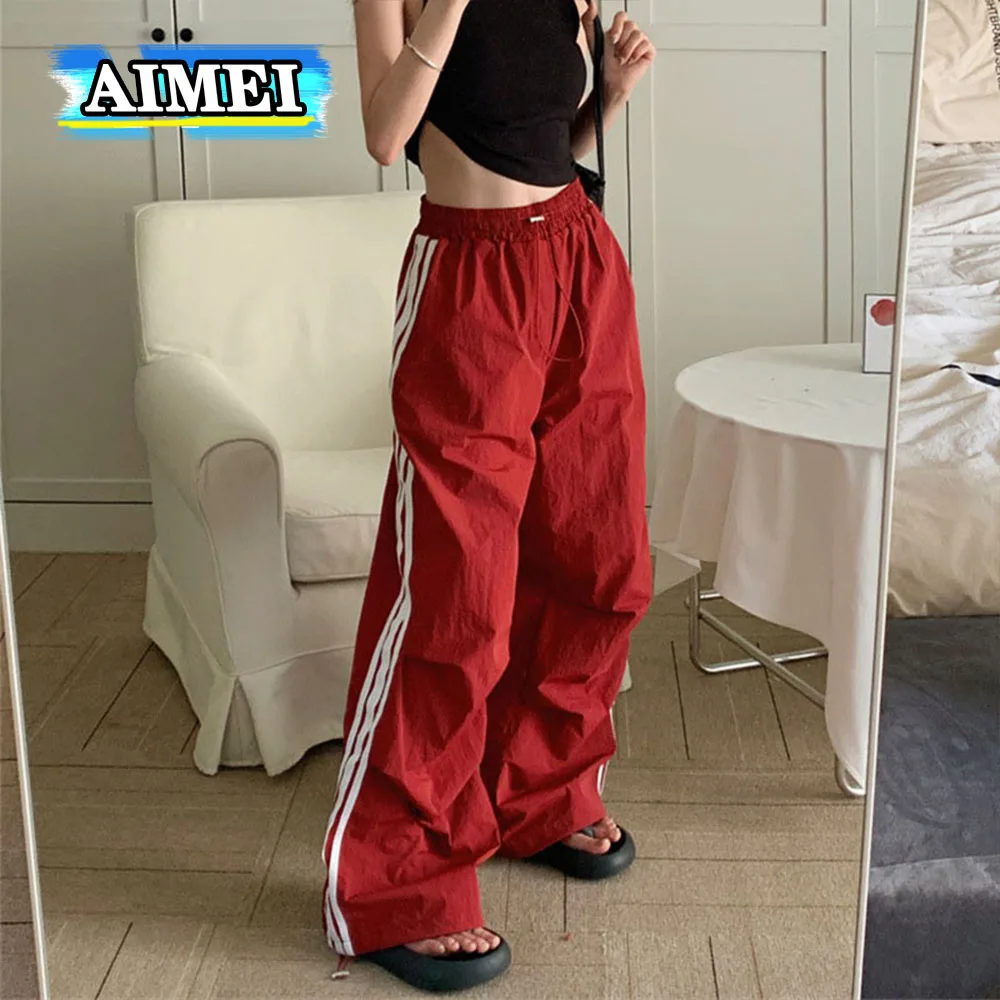 

Женская одежда Y2K с высокой талией, Новинка лета 2023, спортивные штаны для отдыха, полосатые брюки-карго с широкими штанинами на шнуровке, Джоггеры в Корейском стиле