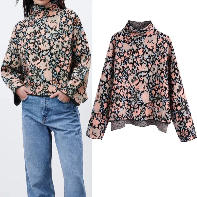 Женский жаккардовый свитер-водолазка с асимметричным подолом и длинным рукавом |