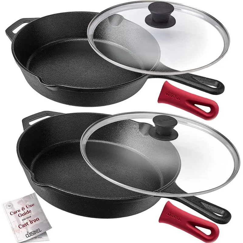 

Iron Skillet with Lid Set of 2 Kitchen Cookware Pre-Seasoned 10” and 12"