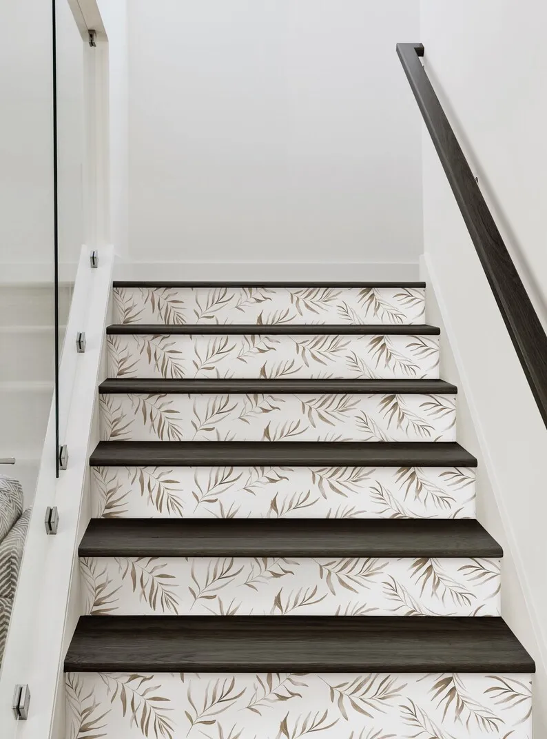 

Breezy Palm Leaves, Brown, Self Adhesive Fabric Repositionable Stair Riser Strip