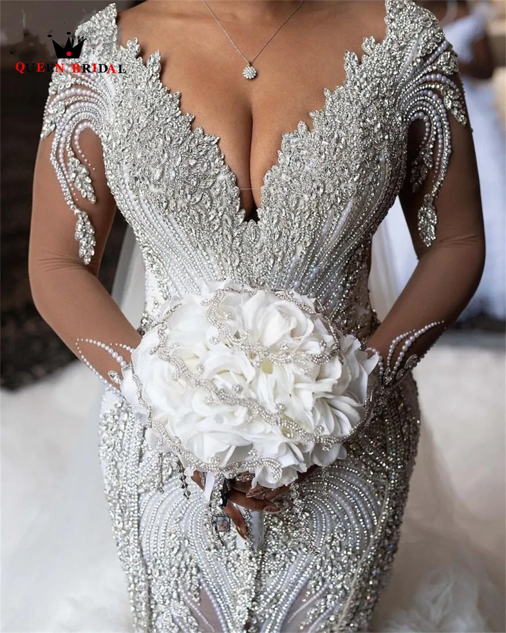 Женское свадебное платье с V-образным вырезом длинным рукавом |