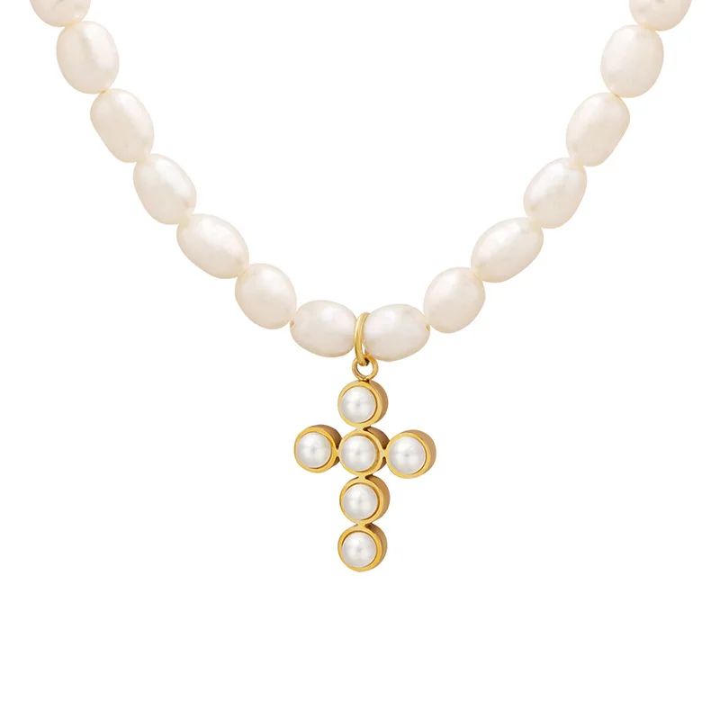 

Minar Hip Hop Rock Faux Pearl Cross Pendant Necklace for Women 18K Gold Stainless Steel Freshwater Pearl Choker Necklaces Gift