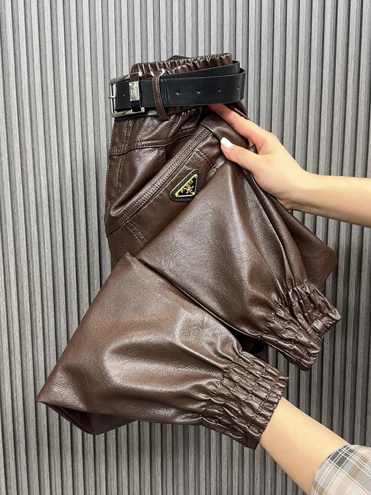 Брюки из ПУ кожи однотонные теплые брюки женские осенне-зимние корейские