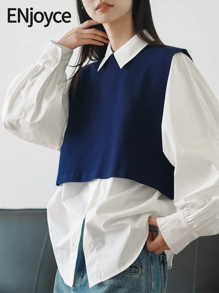 

ENjoyce 2023 Autumn Women Sleeve Knitted Cropped Tops Dark Blue Vest Ladies Korean Fashion Camisole Knitwear Pullovers Sweater