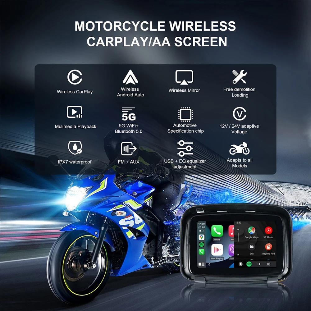 

5-дюймовый портативный GPS-навигатор для мотоцикла Carplay сенсорный экран IPX7 водонепроницаемый беспроводной для мотоцикла Android авто