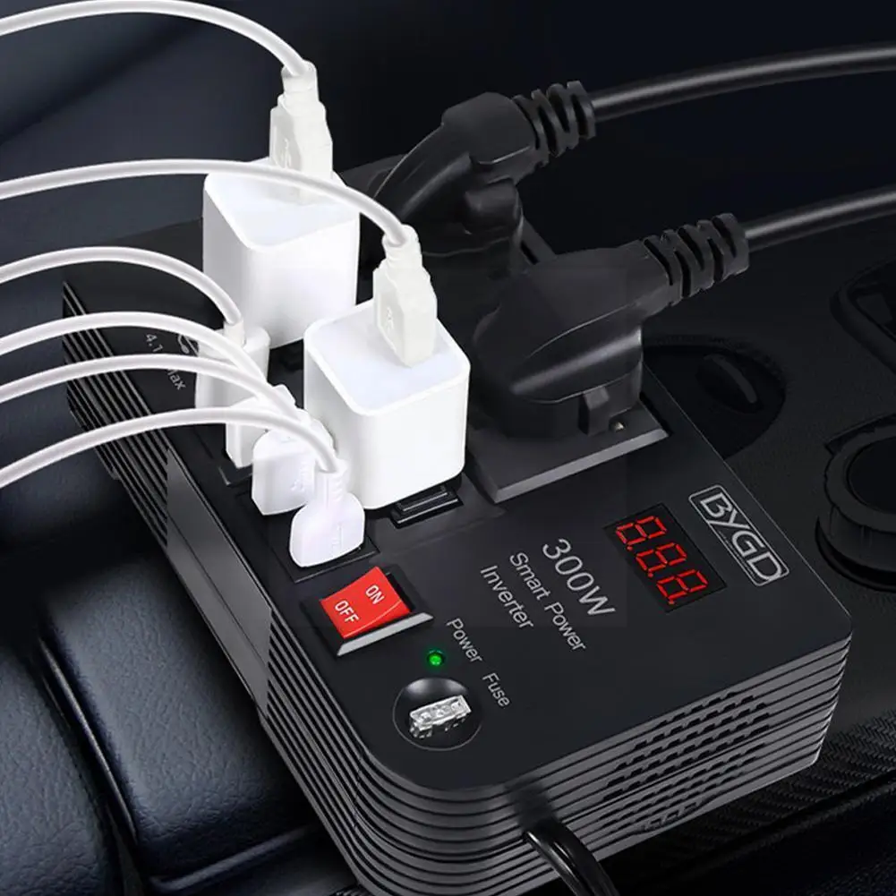 

300W Car Inverter DC 12V to AC 220V Power Converter Monitor Charging Smart Voltage 4 Fast Universal Splitter Socket USB V1B0
