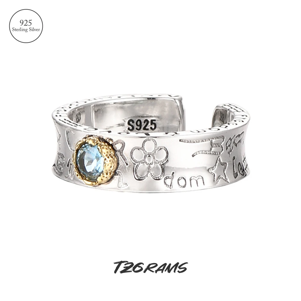 

TZgrams 925 Sterling Silver Graffiti Pattern Ring Cute Floral Hiphop Punk Wide Finger Ring Resizable Korean Trendy Jewelry