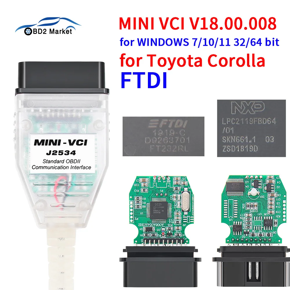 Автомобильный диагностический кабель Mini VCI J2534 V18.00.008 для Toyota OBD2 FTDI FT232RL TIS Techstream, автомобильные кабели, разъемы 22PIN на 16Pin