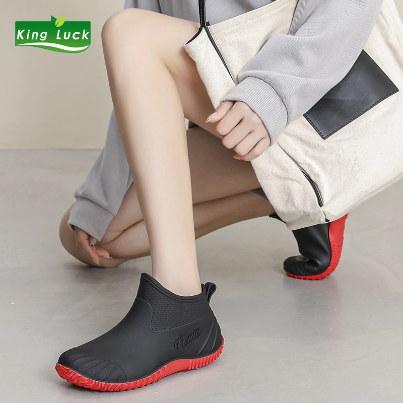 

0.6KG KingLuck Women Rain Boots Rubber Slip-on Shoes Girls For Water Waterproof Plastic PLATFORM Ankle Ladies ANKL Female BOOT