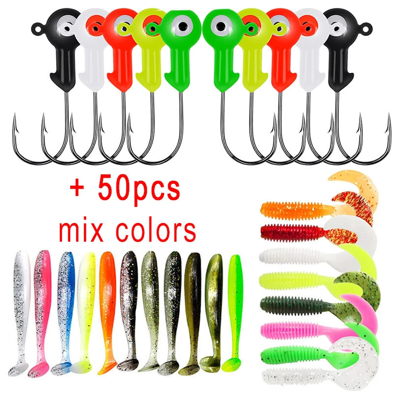 

15pcs 1.8g-7g Jig Hook With 50pcs5cm 5.5cm Soft Lure Bait Worm Maggot Silica Fishing Tackle Grub Bait For Fishing Perch Tackle
