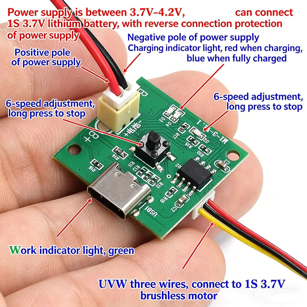 Фото Плата управления бесщеточным двигателем BLDC 1S DC 3.7V-4.2V 3A Mini ESC с портом зарядки Type-C №3