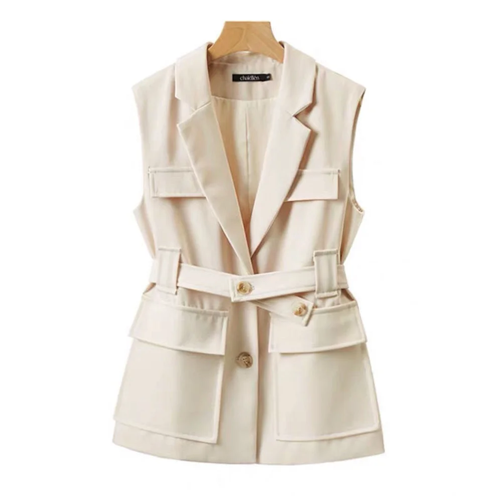 

Female Temperament Suit Vest Splice Cardigan Spring Autumn Women's New Korean Suit Vest British Style Beige Black Belt Slim Coat