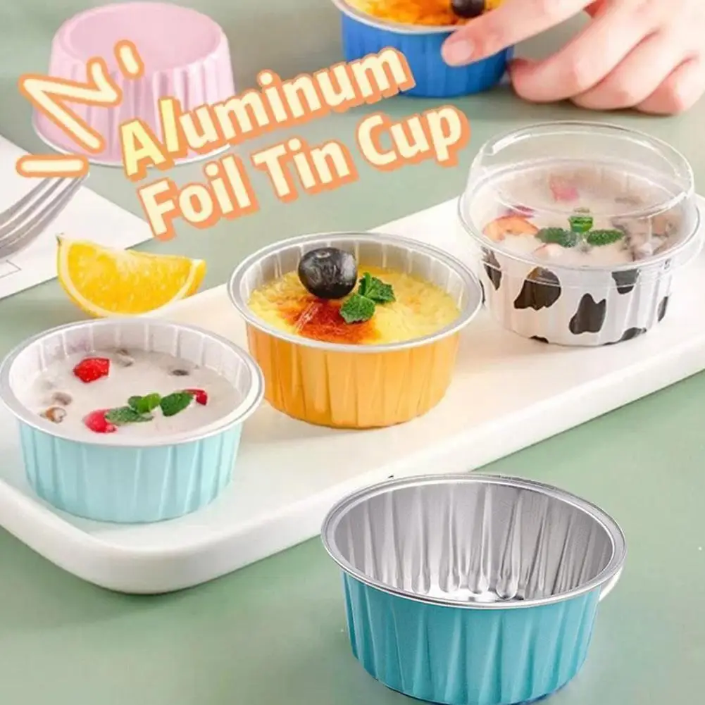 

1pc 125ml Aluminum Foil Cake Pan Round Shaped Cupcake Cup With Lids Flan Baking Pans Muffin Cups For Bakery Birthday Party C7h1