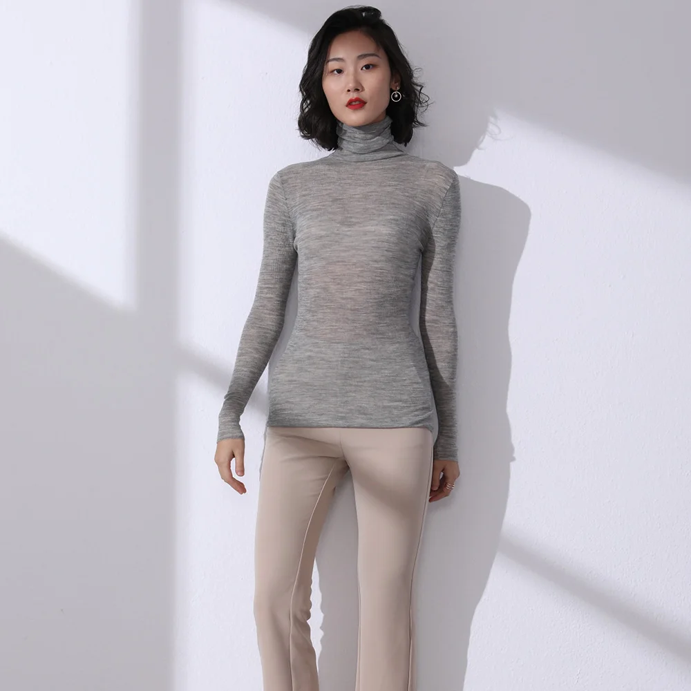 

Solid Wool 2023 Women's Turtle Neck With Hem Side Slit See-through Inner Pullover Cardigan