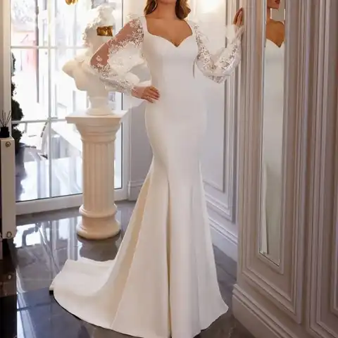Wedding Dress V-Neck Mermaid 32 Slim-line Court Train Satin Net Applique Covered Button Zipper Sexy Brilliant Ivory Bridal Gown