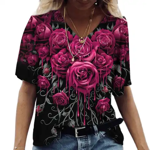 V Neck T Shirt  Women Casual Butterfly Print Short Sleeve Tops 3d Floral Ladies T-shirts Plus Size Y2k Tees 2022 Women Clothing