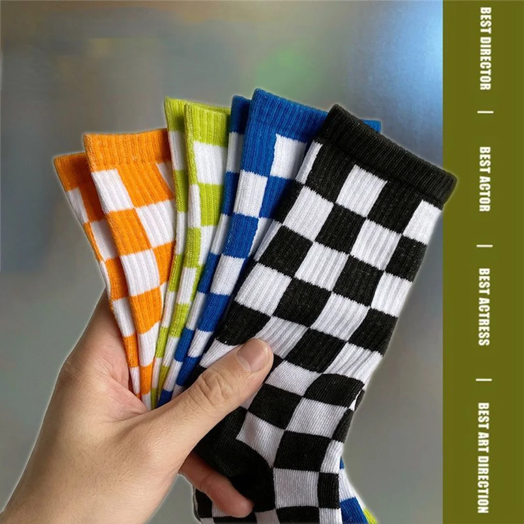 Checkerboard Socks Spring, Autumn and Winter Colored Mid-tube Socks Men's and Women's INS Sports Stockings