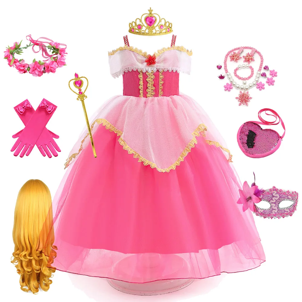

New Aurora Cosplay Costumes Kids Halloween Princess Dress Up Girls Christmas Birthday Party Pink Summer Casual Dress Ball Gown