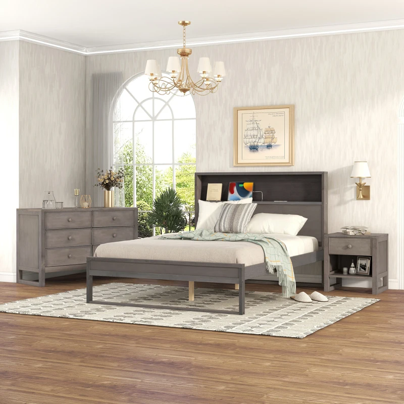 

3-Pieces Bedroom Sets Full Size Platform Bed with Nightstand and Dresser,Antique Gray