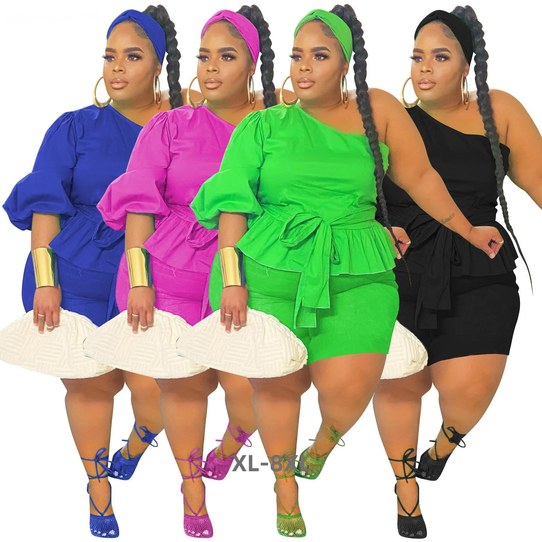 Plus Size Summer Oversize One Shoulder Women Two Pieces Set Ruffles Sash Short Sleeves t Shirt Tight High 3xl 4xl 5xl 6xl