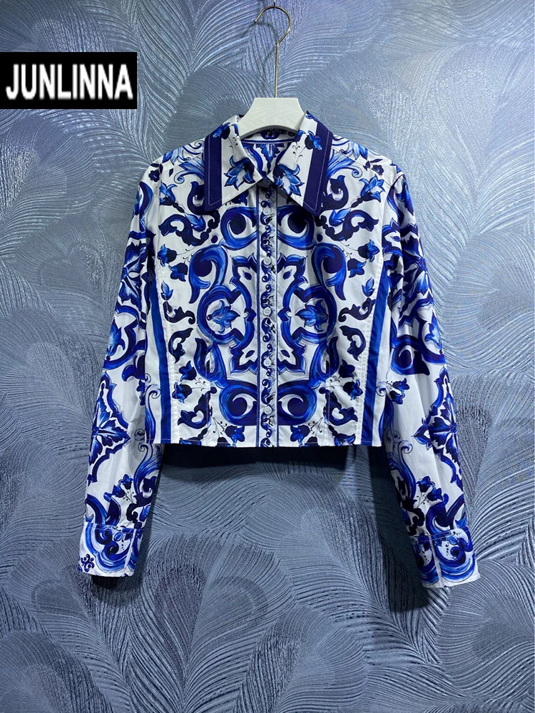 JUNLINNA 100% Cottom Women Shirt Turn-down Collar Long Sleeve Single Breasted Spring Autumn Porcelain Printed Blouses