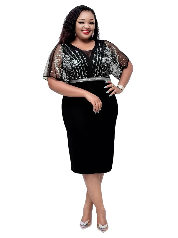 

Black African Dress For Women Fashion Hot Diamonds Robe Africaine Femme Big Size O Neck Short Sleeve Mesh Party Dress Elegant