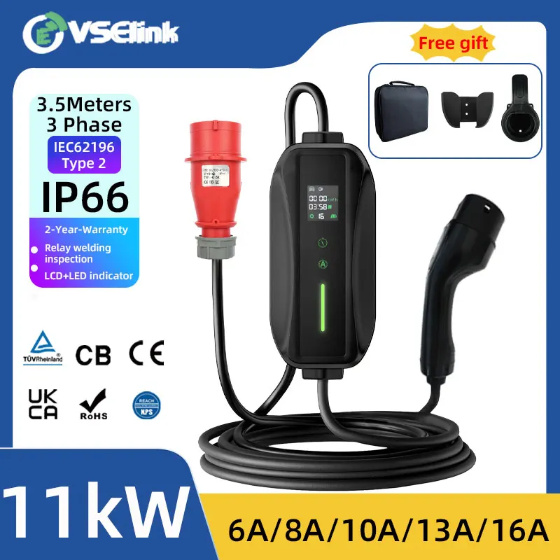 EVSELink 11KW 16A 3-фазное портативное зарядное устройство для электромобилей Type2 5M