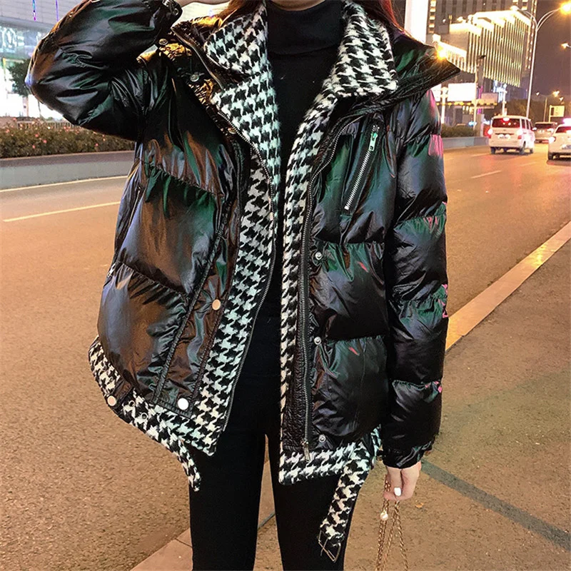 

Spring and winter 2022 new design heavy industry stitching houndstooth bright face cotton coat cotton jacket female parkas