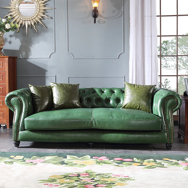 Европейский первый винтажный диван из воловьей кожи с пуговицами