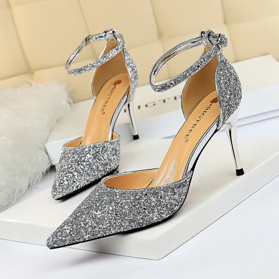 

New Women's Pumps Ol Professional High Heels Shallow Mouth Pointed Hollow Sequins Sexy Nightclub Slim Line With Sandals