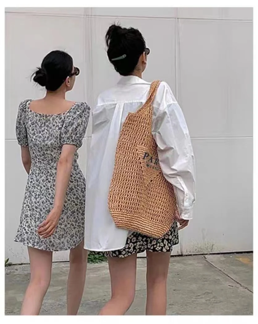 

2022 Fashion Classic Trendy luxury design Khaki Open Pocket Solid Color Tote Bag Soft Handle Open Woven Bag