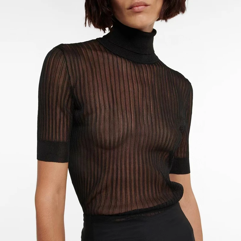 

2023 new see-through sense of horizontal and vertical stripes hollow knitting half-open neck knit shirt sexy fashion ladies top