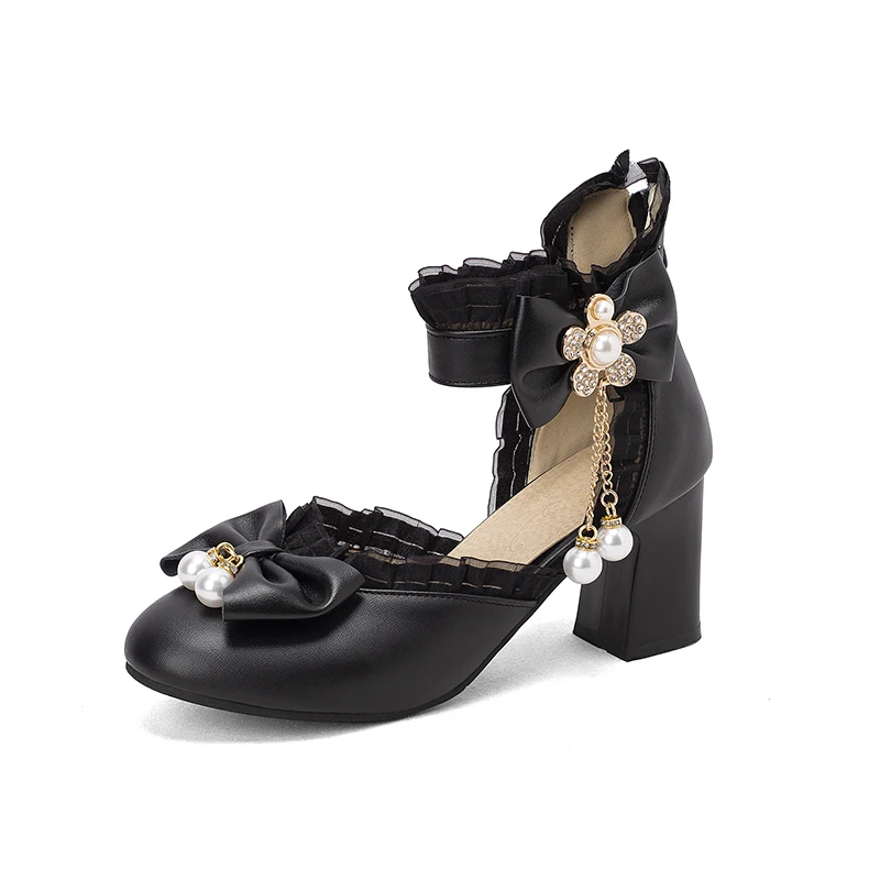 Spring women pumps  plus size 22-26.5cm Pearl chain mesh bow ankle buckle Lolita shoes Rhinestone flower cute mary jane shoes