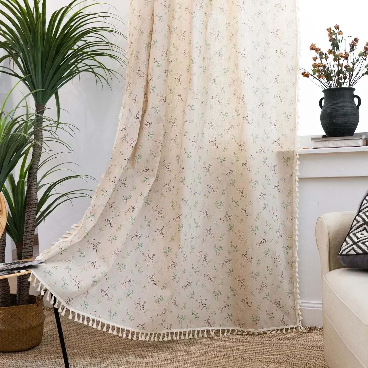 

Threaded Kitchen Tassel Cotton Linen Semi-Sun Window And Door Short Curtain, Suitable For Bedroom,Living Room Ecoration Curtain