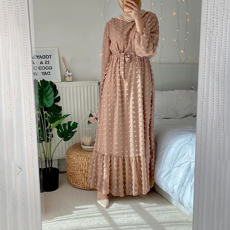 Chiffon Jacquard Ramadan Women Dress 2022 With Belt Dubai Abaya Middle East Plus Size Maxi Modest Muslim Long Arabian Dresses