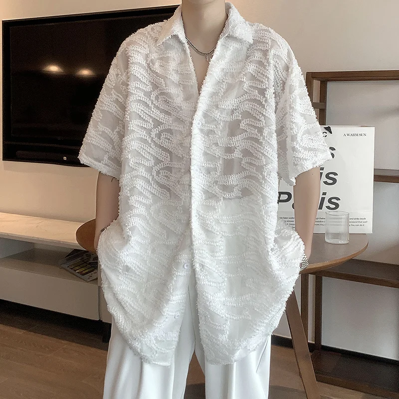 Summer Thin White Sheer Shirt Men Fashion Society Mens Dress Shirt Korean Loose Short Sleeve Shirt Mens Casual Shirt M-2XL