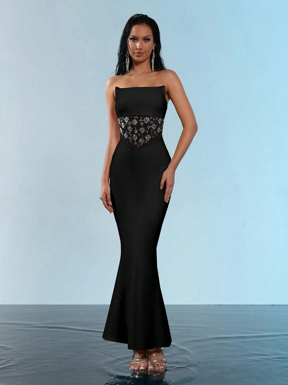 Modphy 2024 бандажное платье женское сетчатое с бриллиантами в стиле пэчворк без