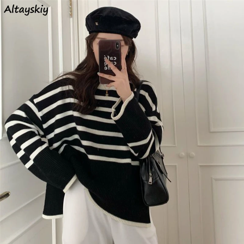 

Pullovers Women Side-slit Striped Loose Teens Fashion Preppy Retro Ulzzang Casual Fall Lazy Style Mujer Sweater Tender All-match