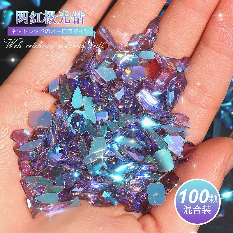 

100pcs Aurora Color AB Nail Art Rhinestones Flatback Mix Shaped Sparkle Crystal Stones For 3D Gems Jewelry Nails Decorations