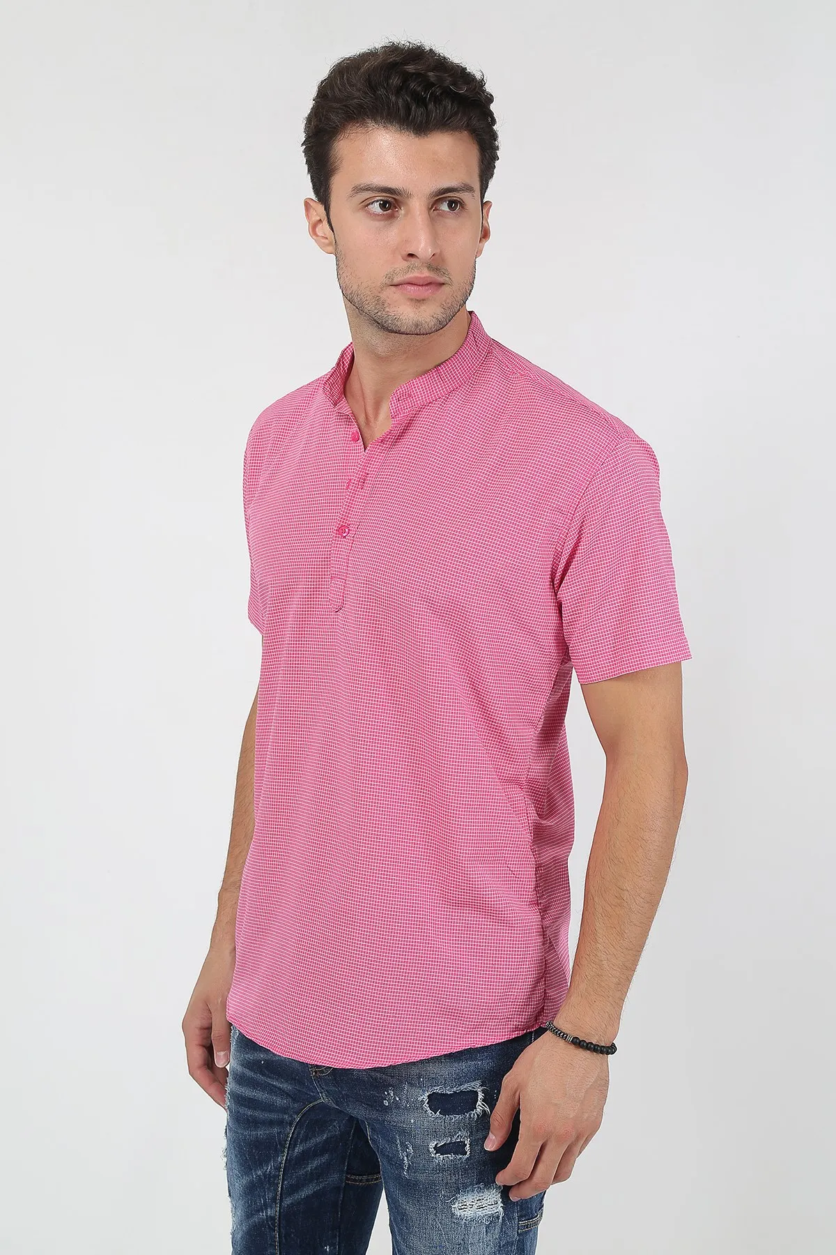 Therapy Men Male Crew Neck Half Patlı Plaid Short-Sleeve Slim Fit Shirt 21Y-4300602-01 Dark Pink