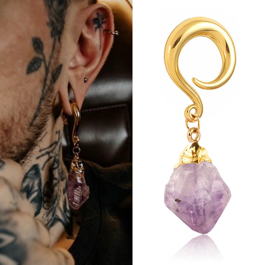 Doearko 2PCS Amethyst Stone Dangle Hook Ear Weight Hangers 316 Stainless Steel Ear Plugs Gauges Women Body Piercing Jewelry