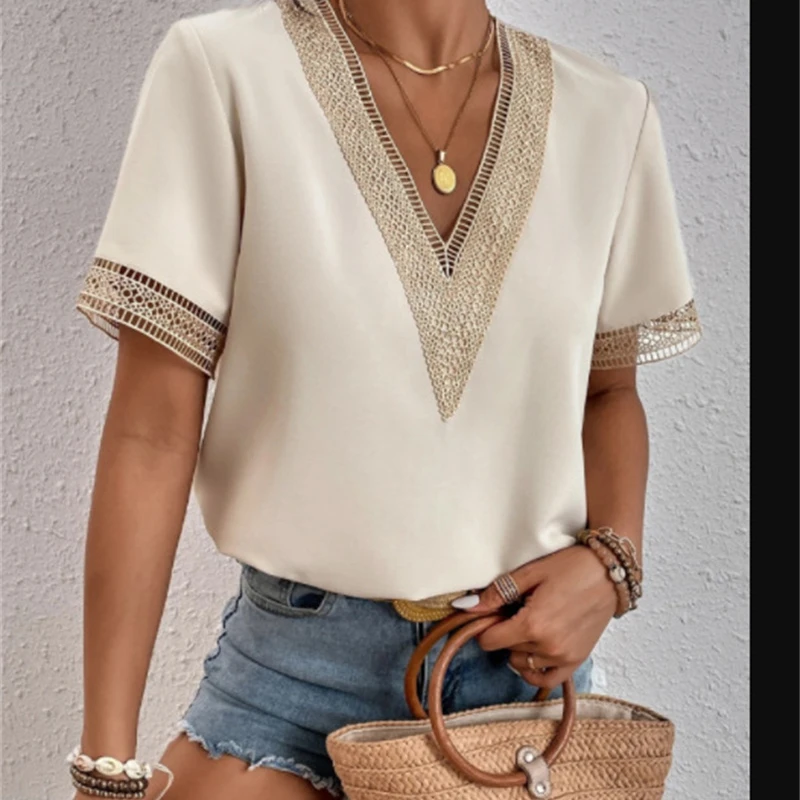 

Women's V-neck Splicing Lace Blouse Elegant Commuter Loose Short Sleeve Shirt Female 2023 Summer British Style Daily Casual Tops