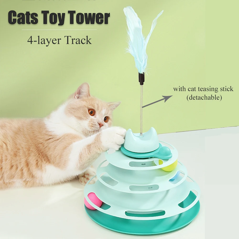 

4 Levels Cats Toy Tower Tracks Rotatable Track Amusement Plate Cat Toy With Amusing Cat Stick Cat Intelligence Interactive Toys