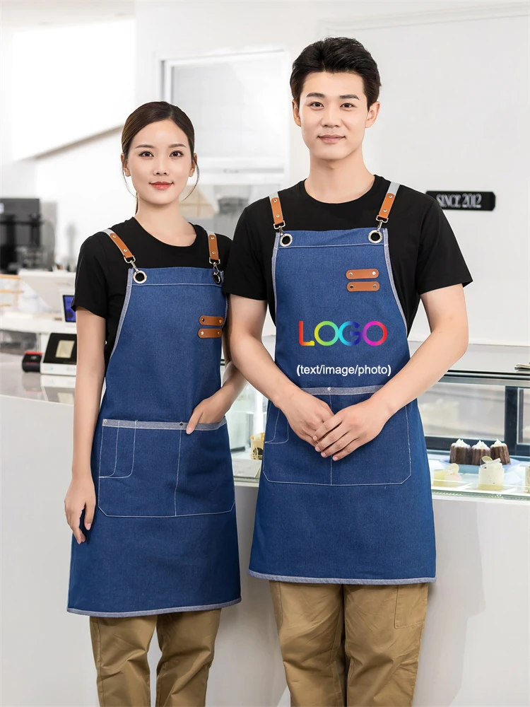 

New Personalized Nail Hairdressing Apron Kitchen Restaurant Denim Waiter Aprons for Men Women Gardening Repairing Jeans Overalls