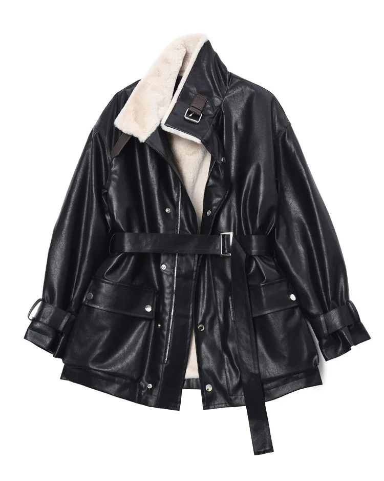 Women Black Faux Leather Jacket Oversized Winter Flufffy Velvet Thick Coat Ladies PU Motorcycle Jackets Outerwear Overcoat XXL