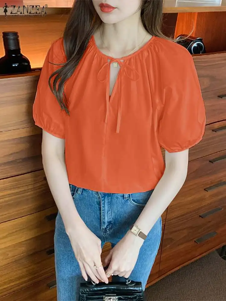 

2023 ZANZEA Summer Korean Fashion Blouse Elegant Lace Up Chemise Female Casual Holiday Shirt Tunic Woman O Neck Puff Sleeve Tops