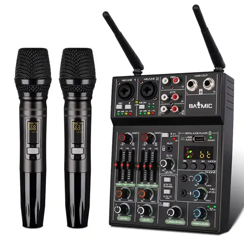 

Портативный 4-канальный аудио-микшер с UHF, беспроводной микрофон для ПК, запись, смешивание, DJ-консоль с Bluetooth, мини-звуковой миксер