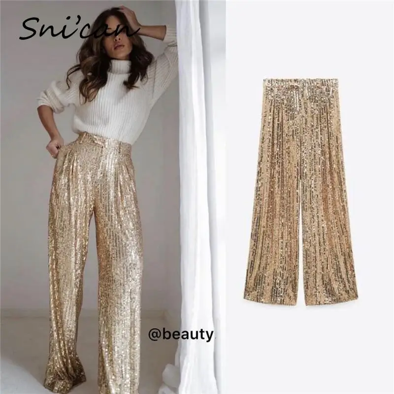 

Za Golden Sequined Pants Women High Waist Loose Casual Ladies Long Trousers Female Bottom Streetwear 2022 Pantalon Pour Femme