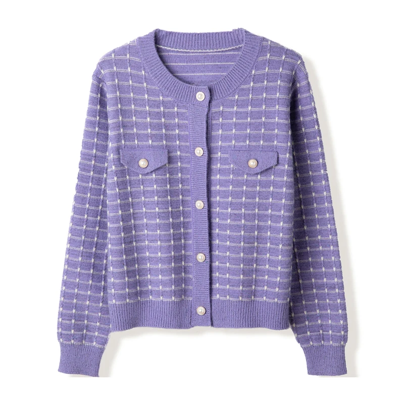 

Women Wool Cardigan Knit Jacket Short O Neck for Spring Autumn Plaids Fashion Casual Sweater Buttons Down 88440